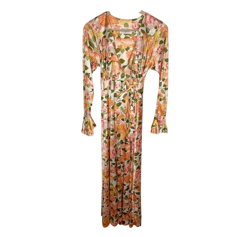 Vintage Vanity Fair Womens Long Sleeve Robe Gown P Orange Floral Feminine Sleep